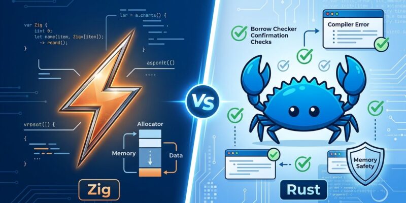 Split-screen comparison of Zig and Rust programming languages showing the Bun rewrite decision factors
