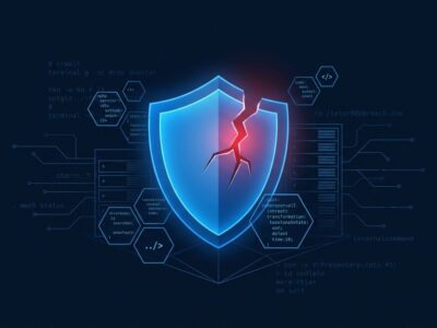 Abstract cybersecurity visualization showing a fractured blue shield with red warning glow representing the LiteLLM CVE-2026-42271 RCE vulnerability chain