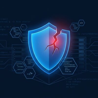 Abstract cybersecurity visualization showing a fractured blue shield with red warning glow representing the LiteLLM CVE-2026-42271 RCE vulnerability chain