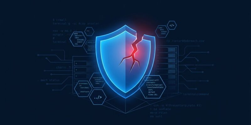 Abstract cybersecurity visualization showing a fractured blue shield with red warning glow representing the LiteLLM CVE-2026-42271 RCE vulnerability chain