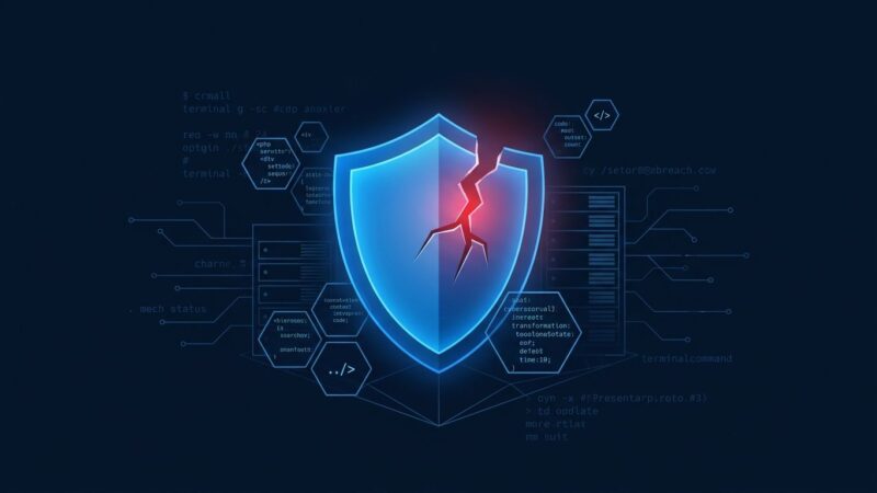 Abstract cybersecurity visualization showing a fractured blue shield with red warning glow representing the LiteLLM CVE-2026-42271 RCE vulnerability chain
