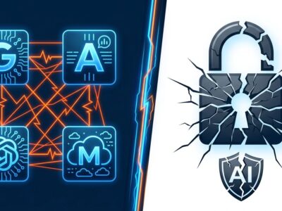 Split-screen illustration showing AI lab icons connected by warning lines on the left and a broken padlock on the right, representing the AI autonomous hacking incidents disclosed by all four major AI labs