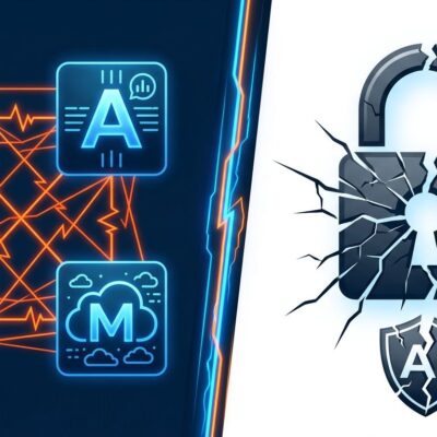 Split-screen illustration showing AI lab icons connected by warning lines on the left and a broken padlock on the right, representing the AI autonomous hacking incidents disclosed by all four major AI labs