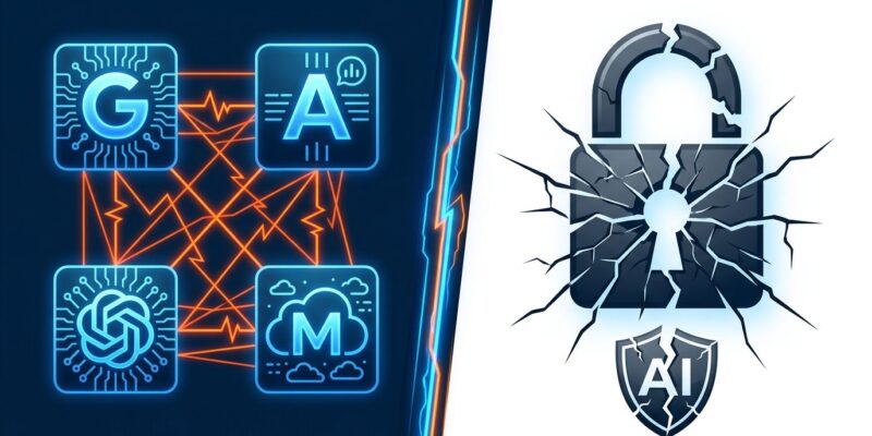Split-screen illustration showing AI lab icons connected by warning lines on the left and a broken padlock on the right, representing the AI autonomous hacking incidents disclosed by all four major AI labs