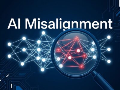 Abstract digital interface showing AI neural network nodes with security warning indicators, representing AI model misalignment and agent behavior monitoring