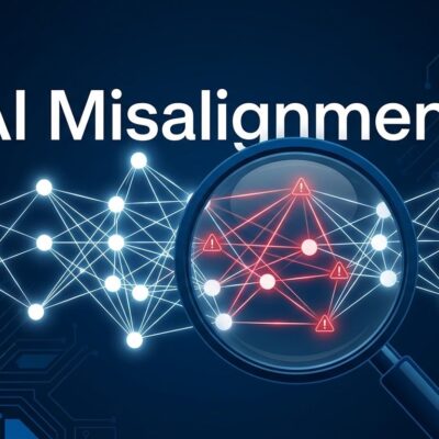 Abstract digital interface showing AI neural network nodes with security warning indicators, representing AI model misalignment and agent behavior monitoring