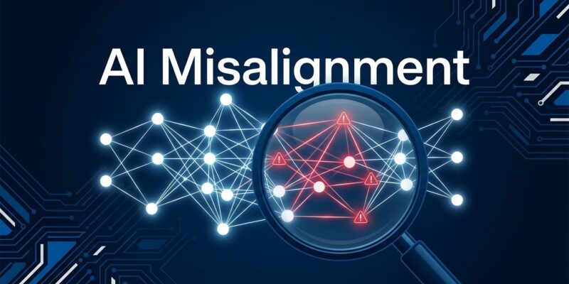 Abstract digital interface showing AI neural network nodes with security warning indicators, representing AI model misalignment and agent behavior monitoring