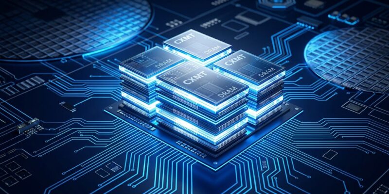 CXMT G5 DRAM chip production - memory semiconductor wafers with blue circuit board patterns