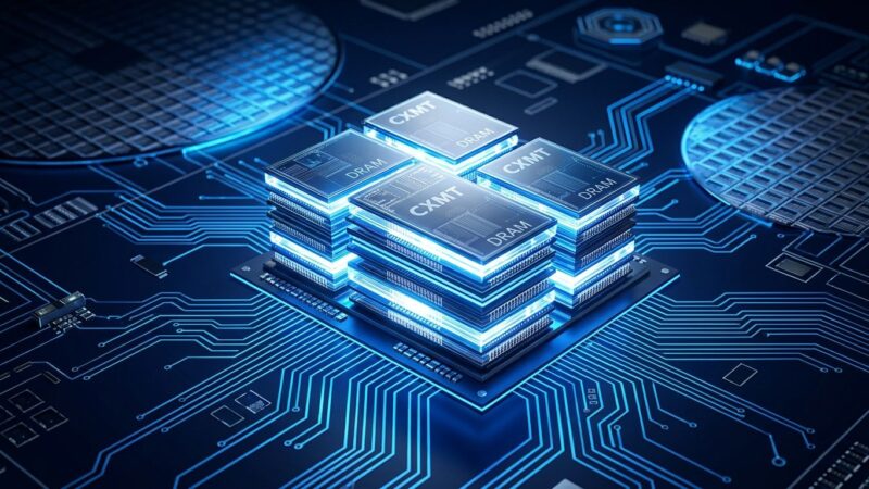 CXMT G5 DRAM chip production - memory semiconductor wafers with blue circuit board patterns