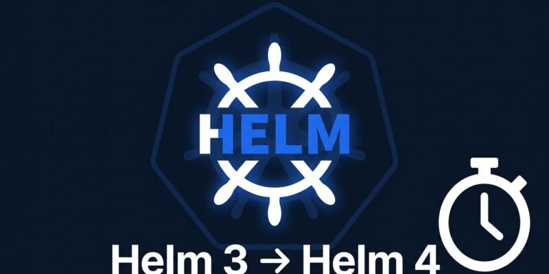 Helm ship wheel symbol with Kubernetes grid background and countdown clock showing Helm 3 to Helm 4 migration urgency