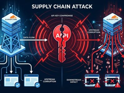 Conceptual illustration of CDN supply chain attack showing a cracked API key with malicious code flowing into website icons