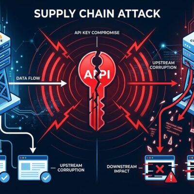 Conceptual illustration of CDN supply chain attack showing a cracked API key with malicious code flowing into website icons