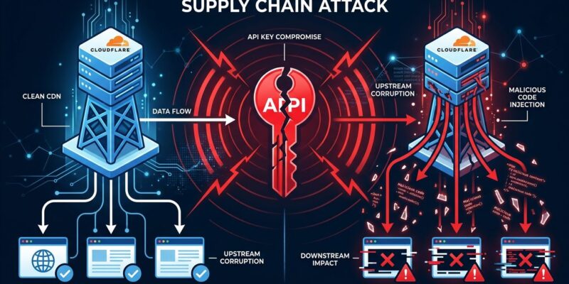 Conceptual illustration of CDN supply chain attack showing a cracked API key with malicious code flowing into website icons