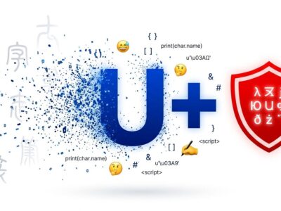 Unicode 18.0 release featuring the Unicode symbol with ancient scripts and security warning shield, blue and white theme