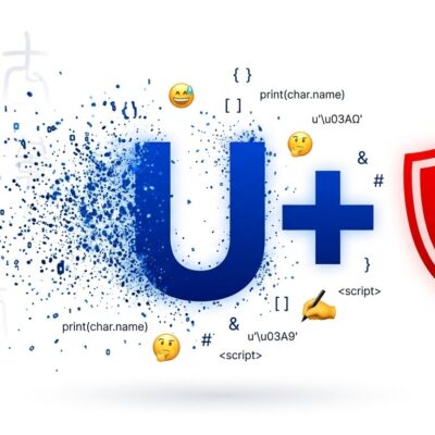 Unicode 18.0 release featuring the Unicode symbol with ancient scripts and security warning shield, blue and white theme
