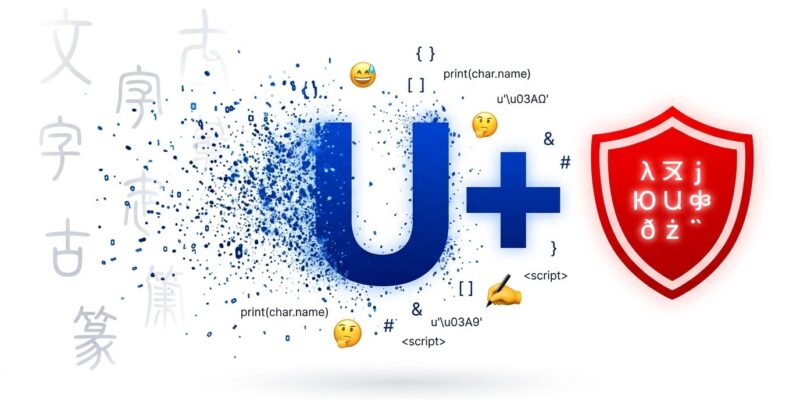 Unicode 18.0 release featuring the Unicode symbol with ancient scripts and security warning shield, blue and white theme
