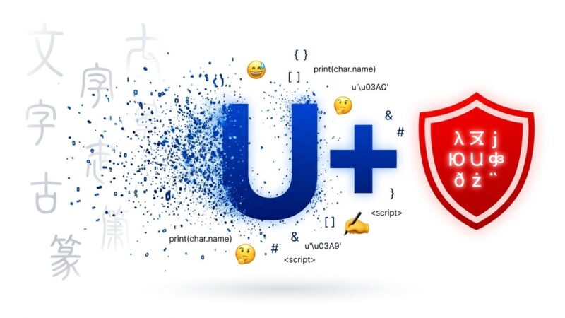 Unicode 18.0 release featuring the Unicode symbol with ancient scripts and security warning shield, blue and white theme