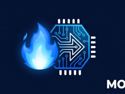 Mojo 1.1 programming language compiler opened to community contributions — glowing flame chip icon in blue and white