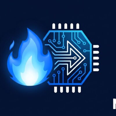 Mojo 1.1 programming language compiler opened to community contributions — glowing flame chip icon in blue and white