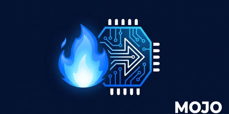 Mojo 1.1 programming language compiler opened to community contributions — glowing flame chip icon in blue and white