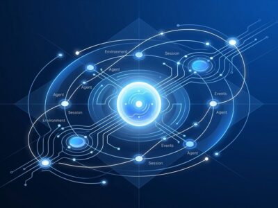 Abstract visualization of OpenAI Agents API orchestration network with interconnected nodes on dark blue background