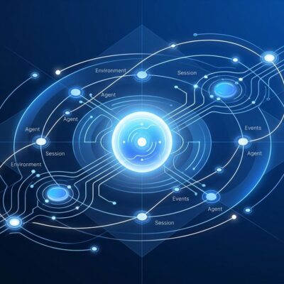 Abstract visualization of OpenAI Agents API orchestration network with interconnected nodes on dark blue background