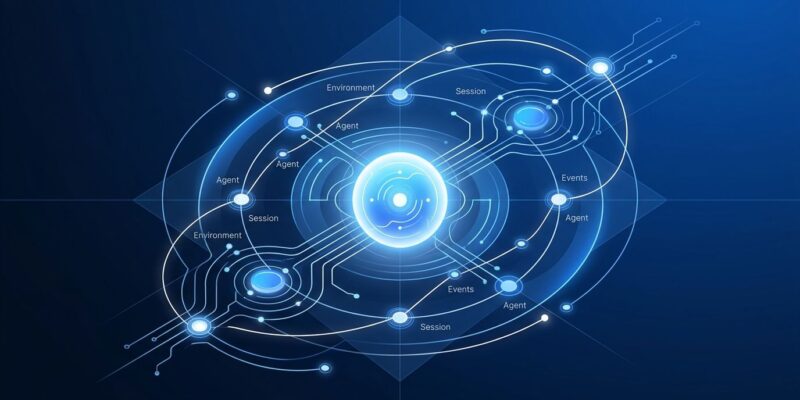 Abstract visualization of OpenAI Agents API orchestration network with interconnected nodes on dark blue background