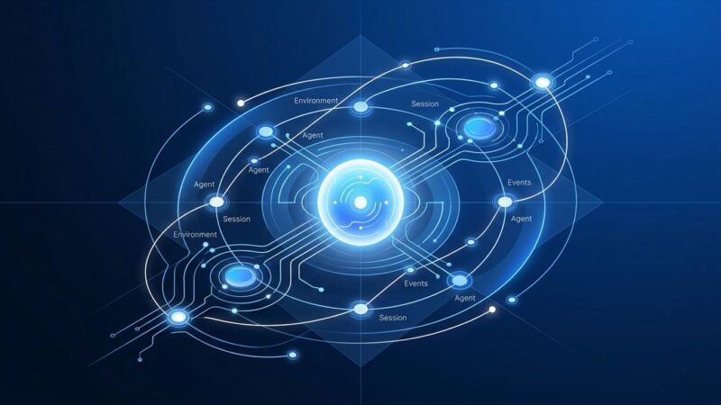 Abstract visualization of OpenAI Agents API orchestration network with interconnected nodes on dark blue background