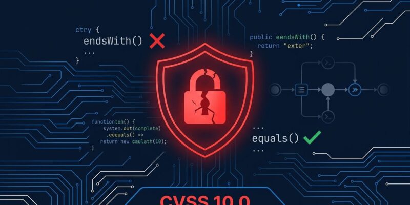 Kestra CVE-2026-49869 CVSS 10.0 authentication bypass RCE vulnerability diagram showing endsWith vs equals security flaw
