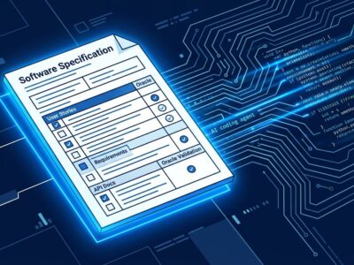 A software specification document with oracle validation marks glowing in blue, with AI code generation patterns in the background — representing spec-driven development