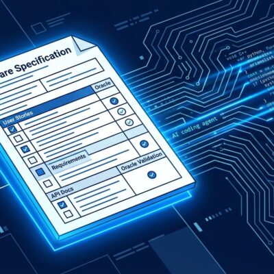 A software specification document with oracle validation marks glowing in blue, with AI code generation patterns in the background — representing spec-driven development