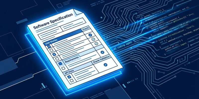 A software specification document with oracle validation marks glowing in blue, with AI code generation patterns in the background — representing spec-driven development
