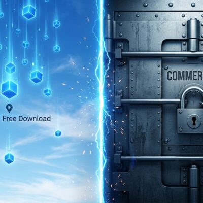 Split-screen illustration showing free model weight downloads on the left versus a commercial paywall blocking deployment on the right, representing the Qwen-Image-2.1 license trap