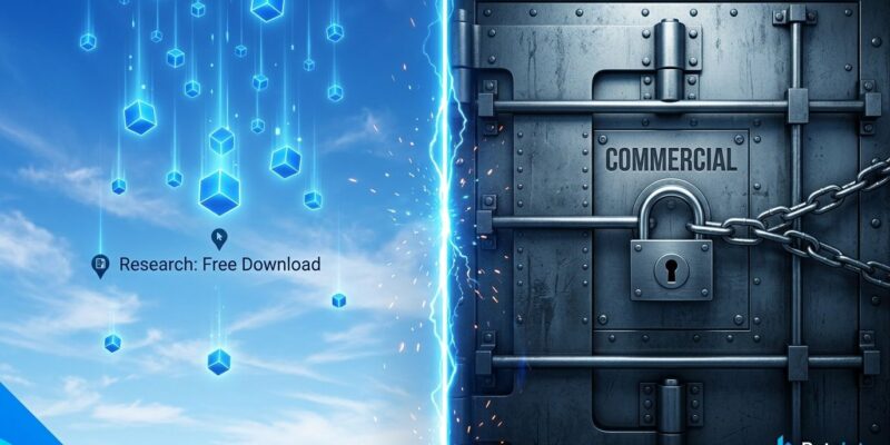 Split-screen illustration showing free model weight downloads on the left versus a commercial paywall blocking deployment on the right, representing the Qwen-Image-2.1 license trap