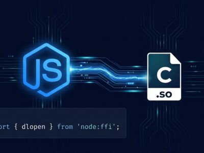 Node.js logo connected to a native C library via FFI bridge, representing node:ffi enabled by default in Node.js 26.9.0
