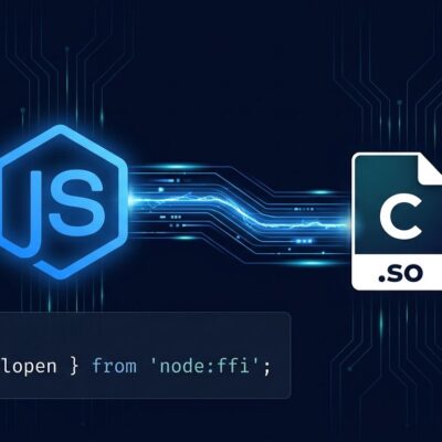 Node.js logo connected to a native C library via FFI bridge, representing node:ffi enabled by default in Node.js 26.9.0