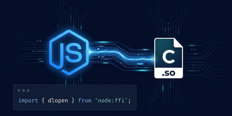 Node.js logo connected to a native C library via FFI bridge, representing node:ffi enabled by default in Node.js 26.9.0