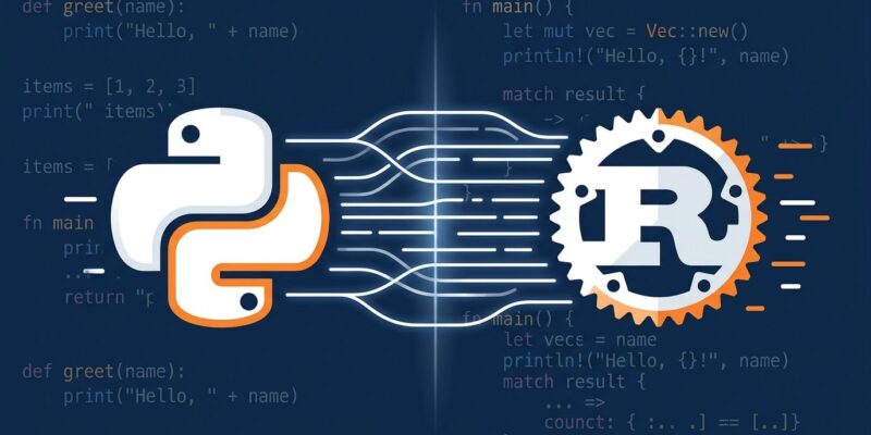 Python snake logo and Rust gear symbol facing each other, representing CPython's optional Rust integration in Python 3.15 and 3.16