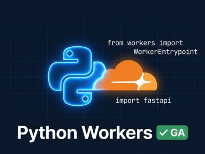 Cloudflare Python Workers hit general availability - Python snake and Cloudflare cloud icon on dark blue background with code fragments