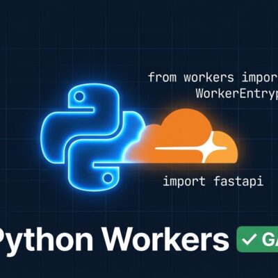 Cloudflare Python Workers hit general availability - Python snake and Cloudflare cloud icon on dark blue background with code fragments