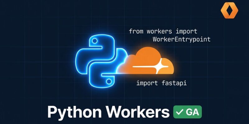 Cloudflare Python Workers hit general availability - Python snake and Cloudflare cloud icon on dark blue background with code fragments