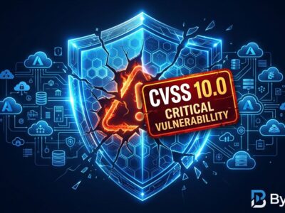 Digital shield with CVSS 10.0 warning label and cracked surface representing the Azure AI Foundry missing authentication vulnerability CVE-2026-85889