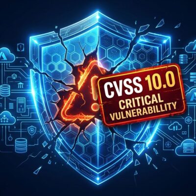 Digital shield with CVSS 10.0 warning label and cracked surface representing the Azure AI Foundry missing authentication vulnerability CVE-2026-85889