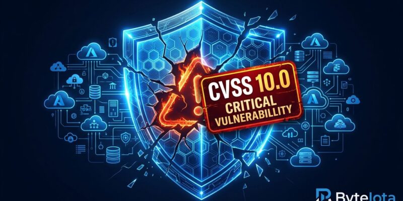 Digital shield with CVSS 10.0 warning label and cracked surface representing the Azure AI Foundry missing authentication vulnerability CVE-2026-85889