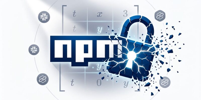 npm supply chain attack visualization showing mathmain encrypted loader with mathematical matrix trigger concept