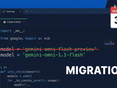 Python code showing migration from gemini-omni-flash-preview to gemini-omni-1.1-flash with September 30 deadline countdown