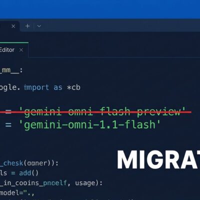 Python code showing migration from gemini-omni-flash-preview to gemini-omni-1.1-flash with September 30 deadline countdown