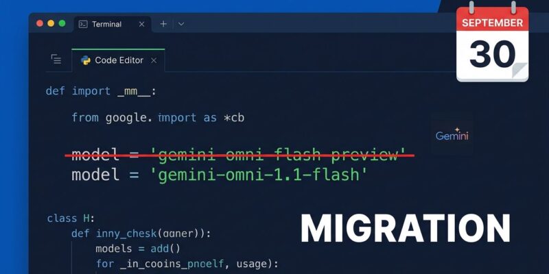 Python code showing migration from gemini-omni-flash-preview to gemini-omni-1.1-flash with September 30 deadline countdown