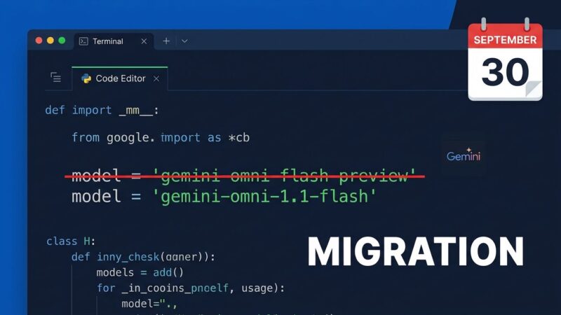 Python code showing migration from gemini-omni-flash-preview to gemini-omni-1.1-flash with September 30 deadline countdown