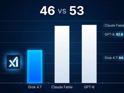 Bar chart comparing Grok 4.7 benchmark scores of 46 versus Claude Fable 5.1 and GPT-6 Astra both at 53 on the Artificial Analysis Intelligence Index